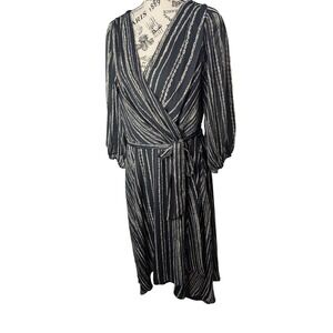 DKNY Womens Faux Wrap Midi Dress Black Gray Chain Link Stripe Size 14 V-Neck